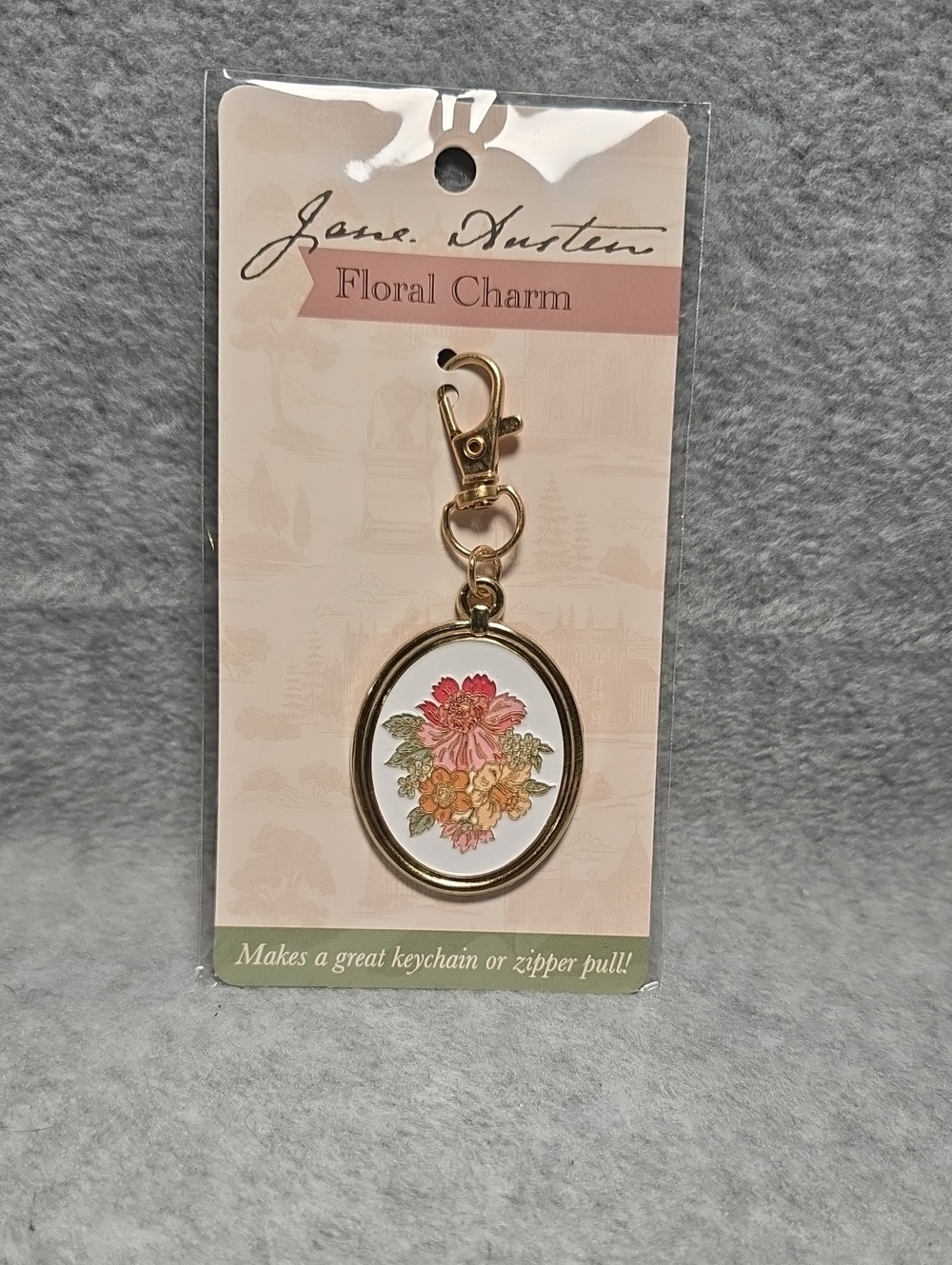 Jane Austen Floral Enamel Charm Keychain - Gold with Pink & Peach Flowers